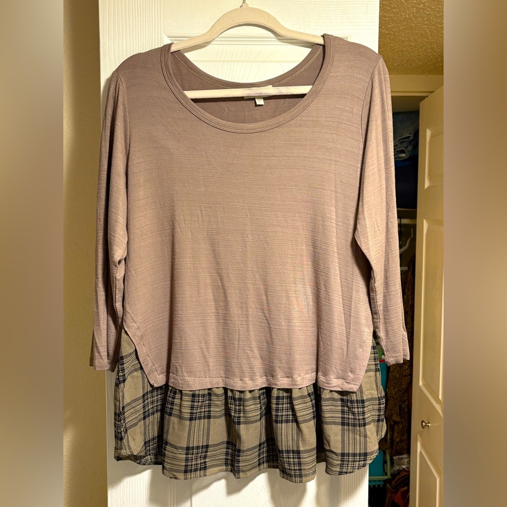 Chenault Large Grayish Brown Pull Over Blouse with Plaid Bottom.